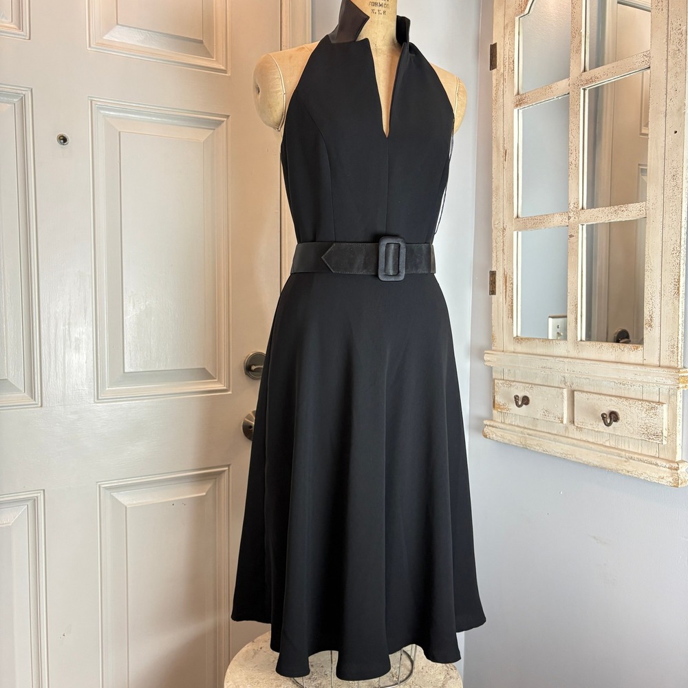 Maggy London Black Halter Midi Dress Belted V-Neck Fit and Flare Size 8
